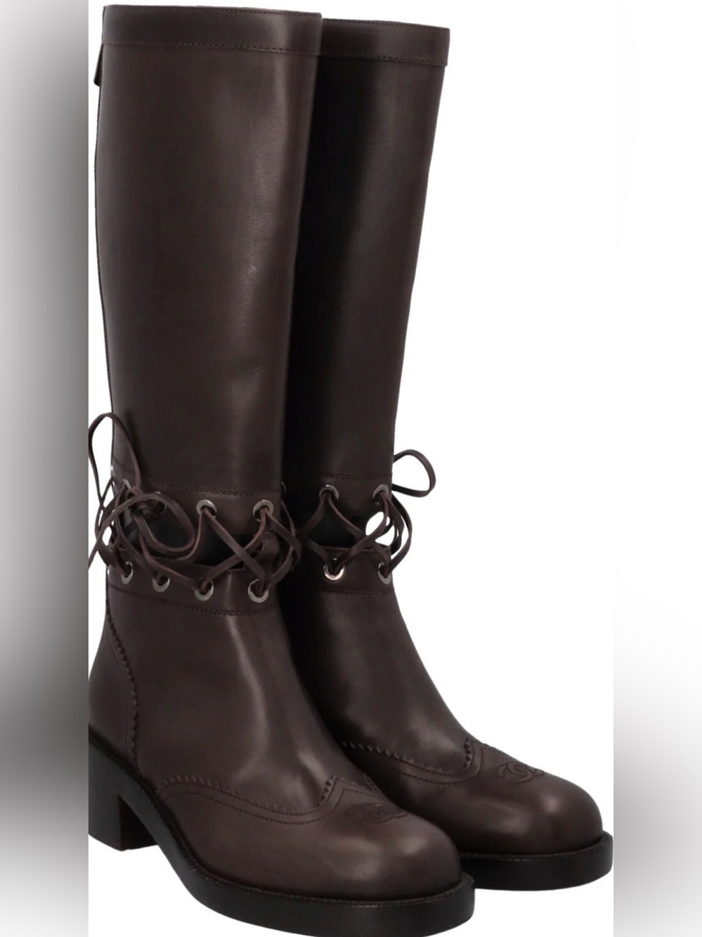 CHANEL Brown Lace-Up Leather Boots
